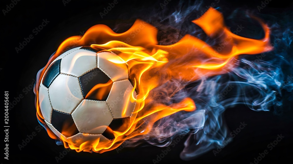 Fototapeta premium Soccer ball on fire with dynamic flames representing energy power and intense sports action concept