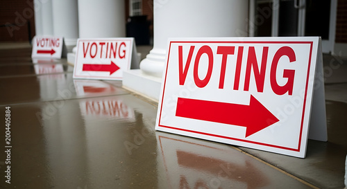 Voting precinct signs guide voters to the polling station on a rainy day