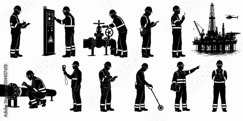 Workers in industrial setting operate machinery and tools on oil rig