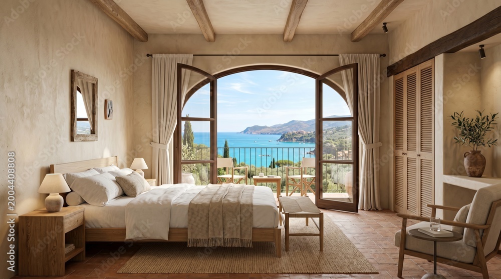 Fototapeta premium Luxury bedroom with ocean view and balcony in a hotel.