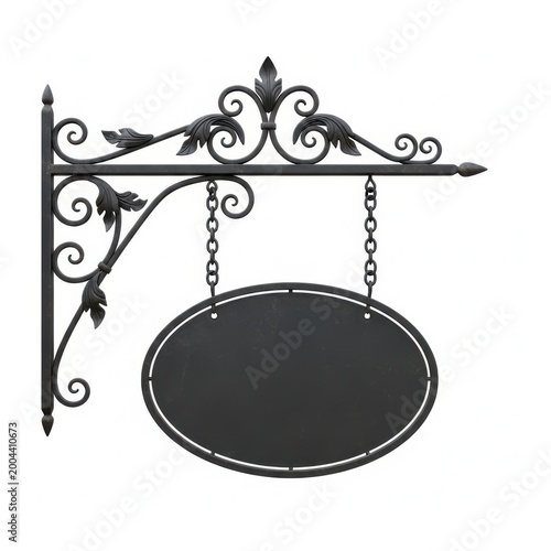 Black vintage wall sign with oval plaque hanging from ornate bracket