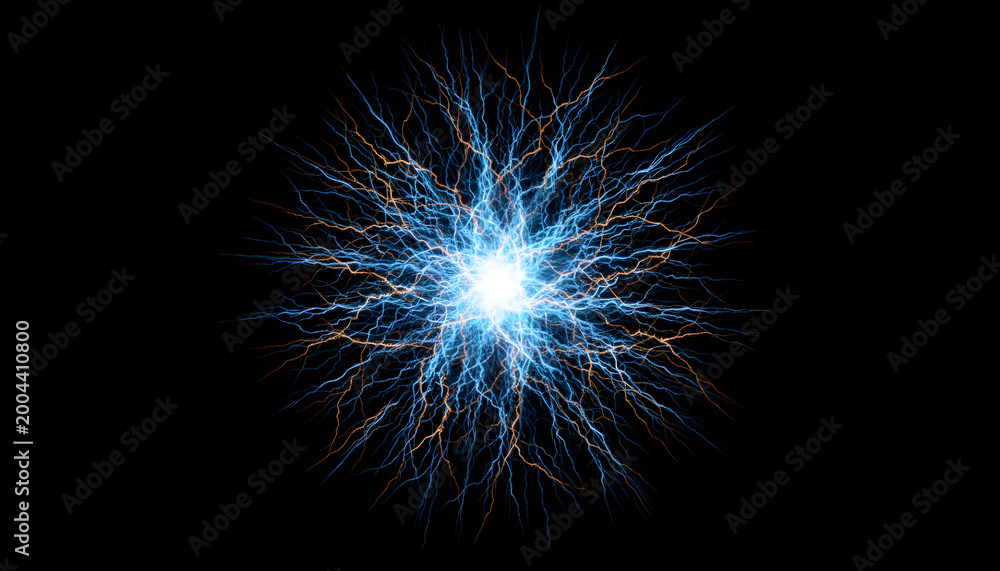 Fototapeta premium Bright electric energy burst blue orange light rays black background.
