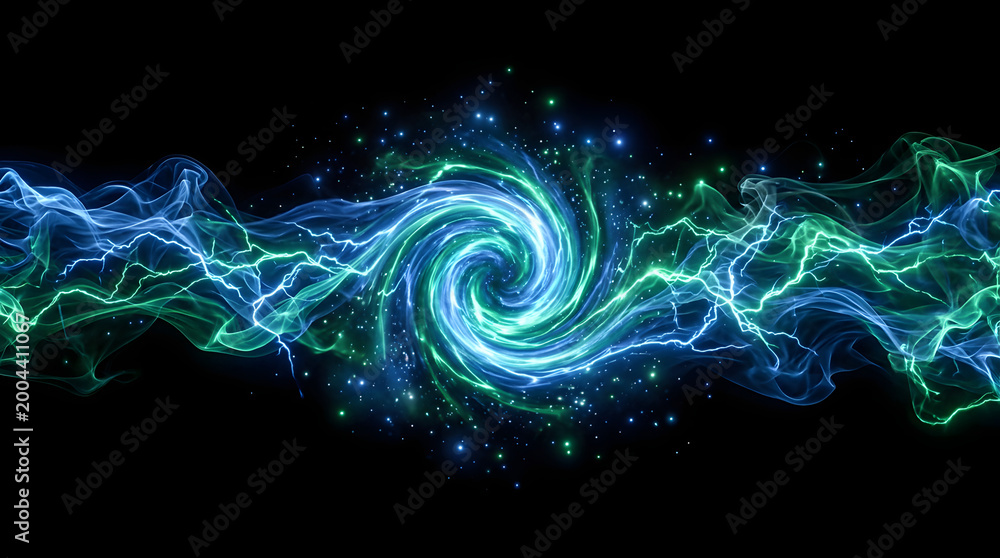 Fototapeta premium Abstract background electric current lightning bolt in blue and green color swirling vortex.