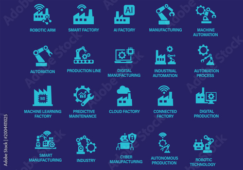 Smart Industry vector icon set. Featuring robotic arm, AI factory, IoT, automation, digital manufacturing, and predictive maintenance concepts.