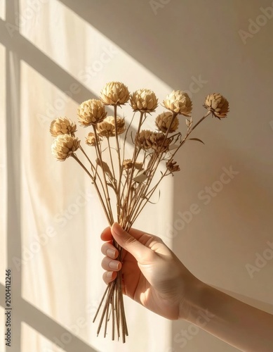 Hand holding a bouquet of dried strawflowers with warm natural lighting casting soft shadows on a beige wall, rustic home decor aesthetic