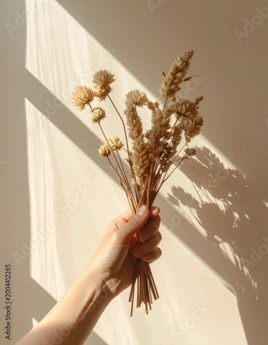 Hand holding a bunch of dried wildflowers against a wall with harsh sunlight and long shadows, creating a serene mood for social media