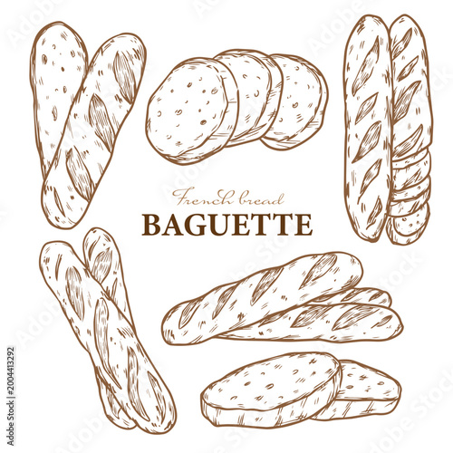 Fotografie Set of hand drawn French bread baguette outline drawing illustration