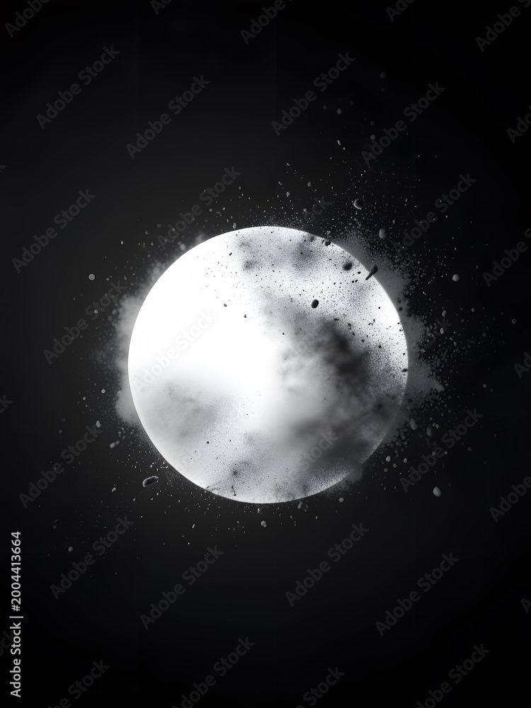 Obraz premium Abstract visualization of a fading light source turning into dust in dark space