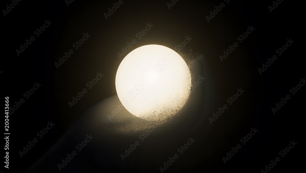 Obraz premium Abstract visualization of a fading light source turning into dust in dark space