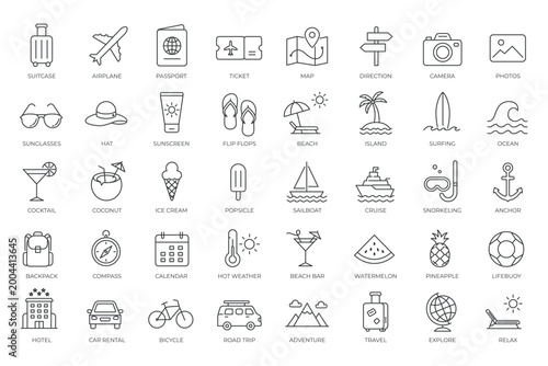 Minimal thin line summer travel icon set with vacation elements
