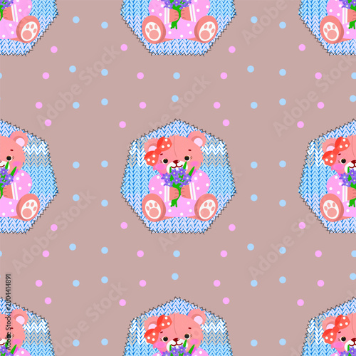 hildish seamless pattern featuring a cute pink teddy bear on a blue knitted patch