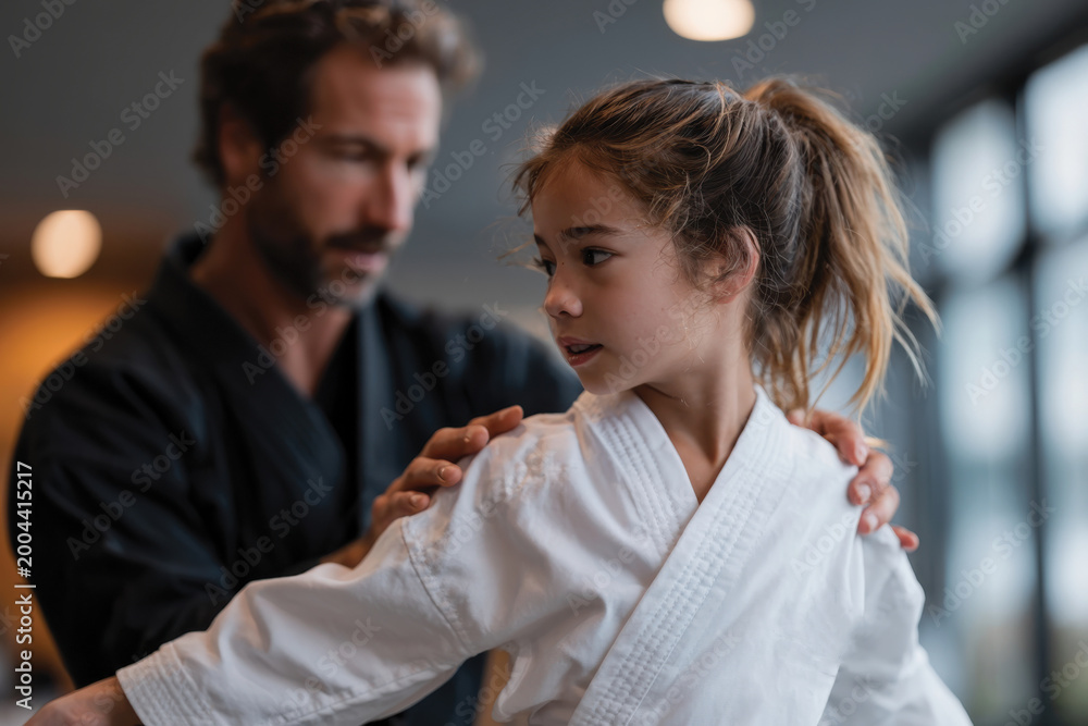 Fototapeta premium An experienced trainer works closely with a young martial artist, emphasizing the importance of technique, control, and mentorship in developing skills in competitive settings.