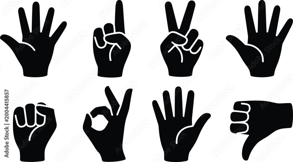 Fototapeta premium Collection of hand gesture icons set, counting signs symbols and fingers poses, isolated vector communication bundle