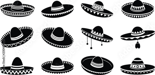 Obraz na plátně Collection of sombrero hat silhouettes set, mexican traditional headwear icons a