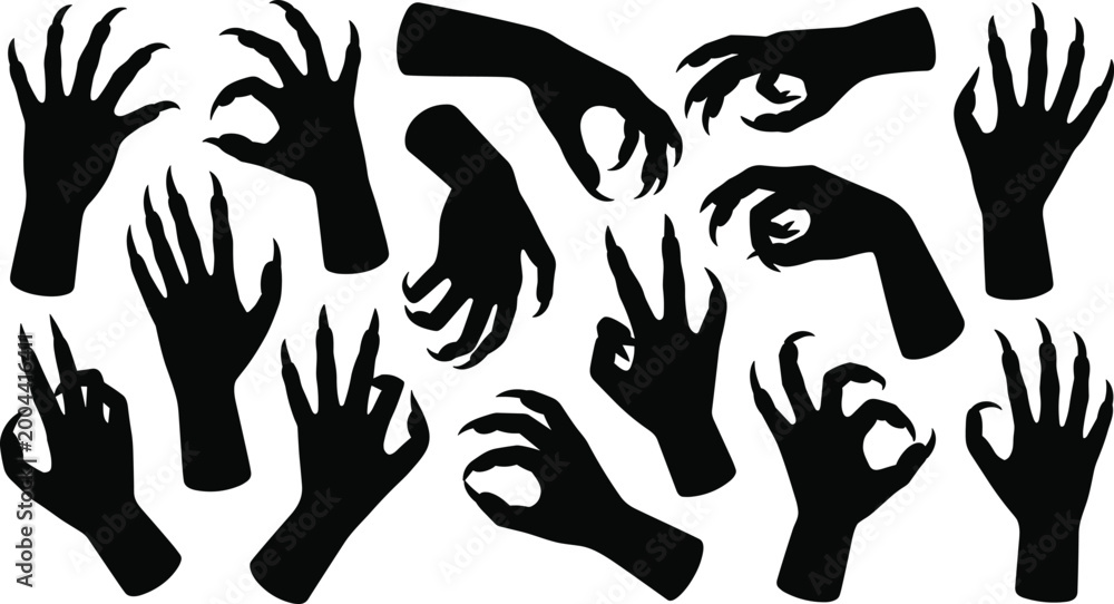 Fototapeta premium Collection of spooky hand silhouettes set, horror creepy claw gestures and scary fingers, isolated vector halloween bundle