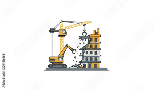 Photos Demolition crane dismantling building flat vector illustration construction site