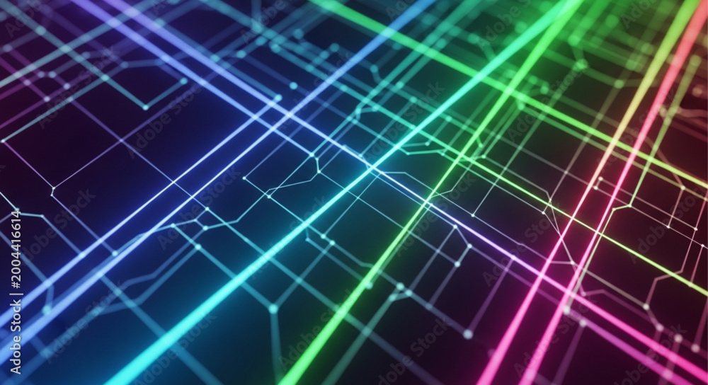 Fototapeta premium Abstract digital network grid with colorful glowing lines and nodes.