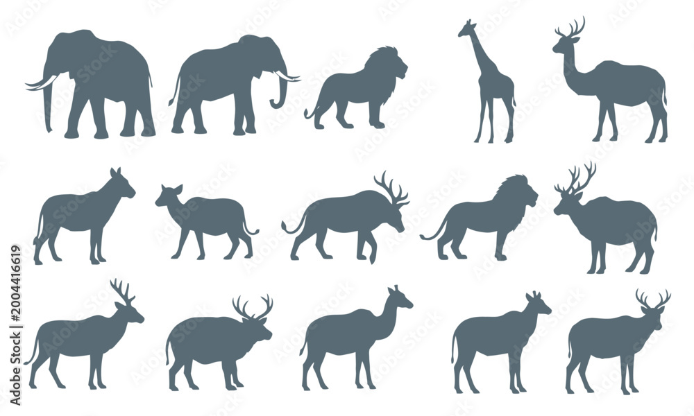Fototapeta premium A collection of various wild animal silhouettes, including elephants, lions, and deer, designed with a dark grey polygonal geometric pattern.