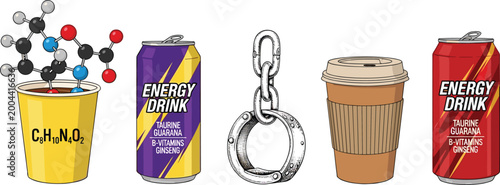 Fotografía Illustration of Energy Drinks, Chemical Formula, Chain Symbol, and Coffee for Ca