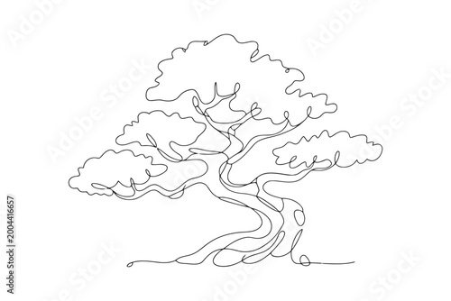 Single line art of bonsai tree with elegant branches and foliage in japanese style.