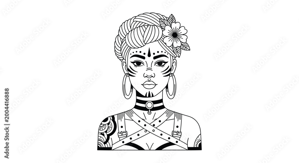 Fototapeta premium Intricate line art portrait of a woman with facial markings tattoos braided hair and a flower in her hair for coloring.