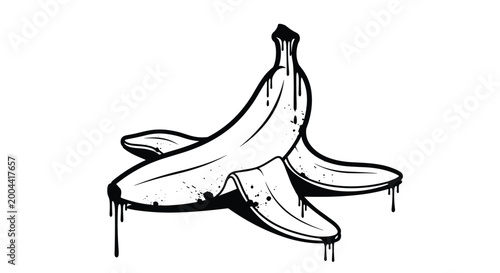 Dropped banana peel graphic uses black ink graffiti style with expressive drips and splatters on a plain white background surface.