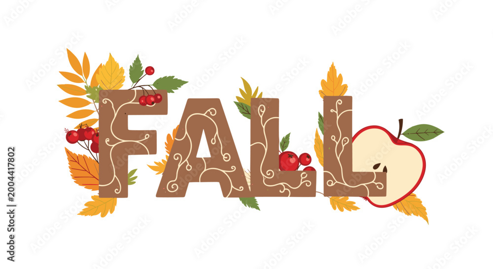 Fototapeta premium Fall season illustration shows the word fall in a decorative font adorned with swirling vines, autumn leaves, and red berries.