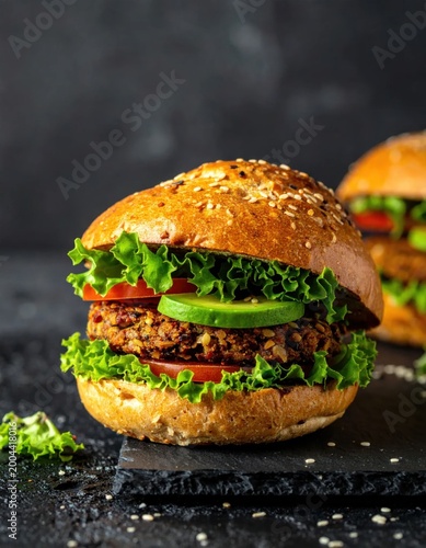 Vegetarian quinoa burger with fresh lettuce, tomato, and avocado on whole grain bun, delicious plant based meal, healthy fast food photography