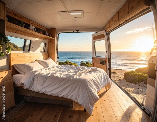 Interior view of a modern camper van conversion with cozy bed looking out at sunset beach ocean waves, travel adventure, vanlife freedom