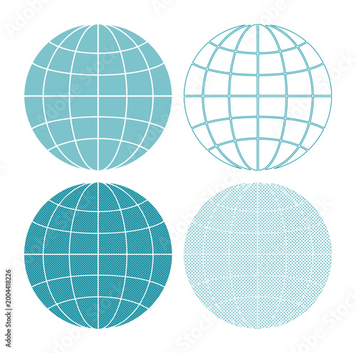 Minimalist globe grid icons, teal blue earth sphere vector set, 4 geometric world map symbols, global communication and logistics graphics isolated on White Background
