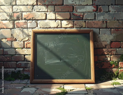 Empty green chalkboard in wooden frame leaning against rustic brick wall, sunlight casting shadows, school education announcement template