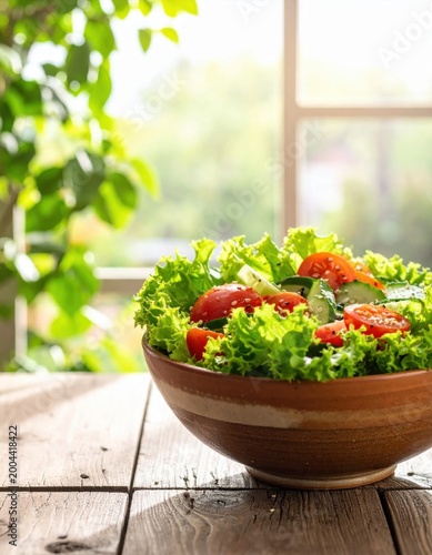 Fresh garden salad with tomatoes and cucumbers in a rustic bowl on a wooden table, healthy diet and nutrition, summer food background