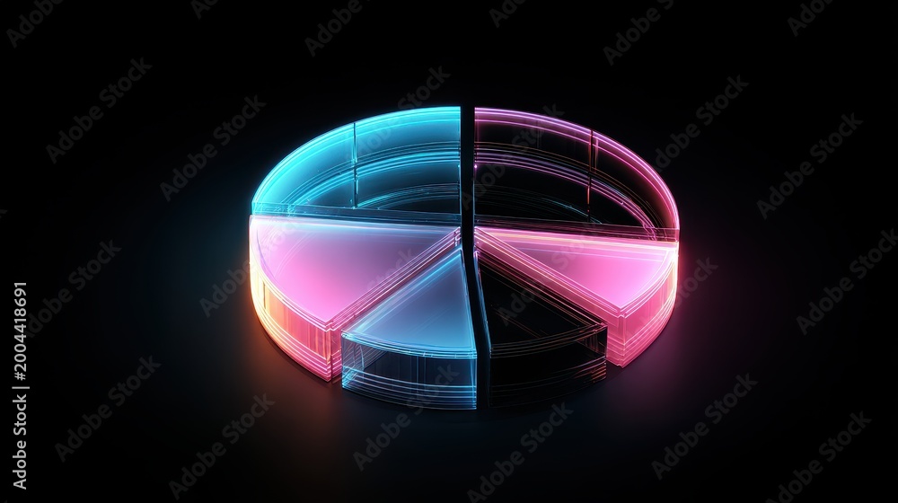 Obraz premium Futuristic pie chart, translucent neon segments, glowing edges, dark background contrast, financial data visualization, 3D illustration