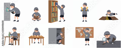Canvas Print Cartoon boy character set in thief and detective poses, featuring heist actions, mystery investigation, and stealthy movements isolated on white background