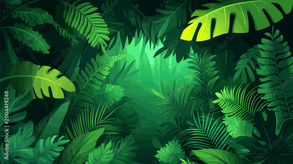 Fototapeta premium A vibrant digital illustration of dense tropical foliage, with varying shades of green
