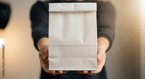 Delivery Person Holding Blank White Paper Bag for Takeaway Food or Retail Packaging Mockup with Copy Space for Business Branding and Eco-Friendly Service