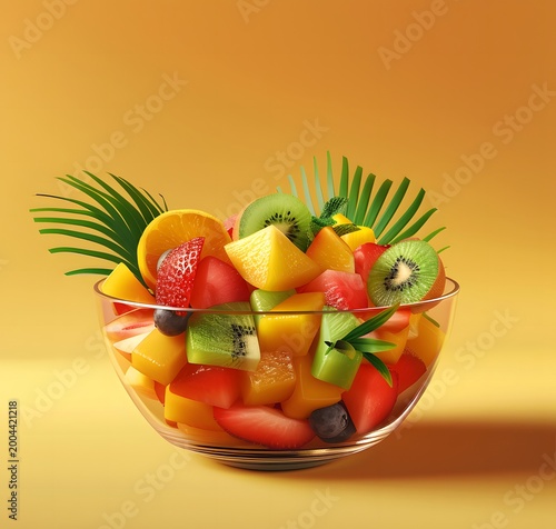 Decorative Bowl of Mixed Fruits with Mint Garnish on Orange