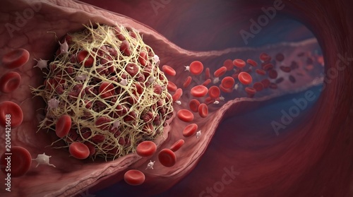 Microscopic imaging of a thrombus (Thrombus) with fibrin mesh and trapped red blood cells inside the vein.