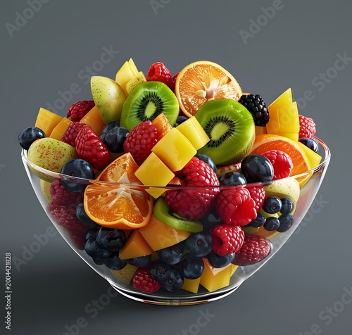 Colorful Mixed Fruit Salad with Kiwi Oranges and Berries in Bowl