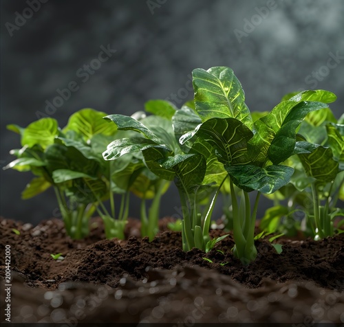 Close Up of Green Leafy Vegetables in Dark Garden Soil