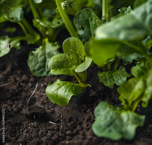 Young Green Plants Growing in Dark Rich Soil Close Up
