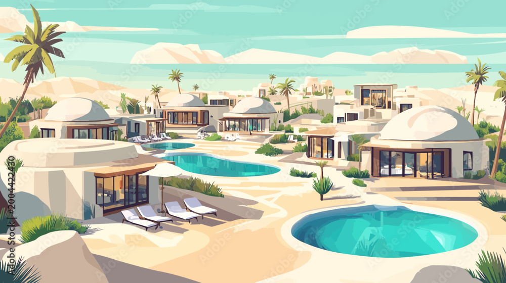 Fototapeta premium Pixelated artwork of desert resort with pools, palm trees, and villas under a blue sky