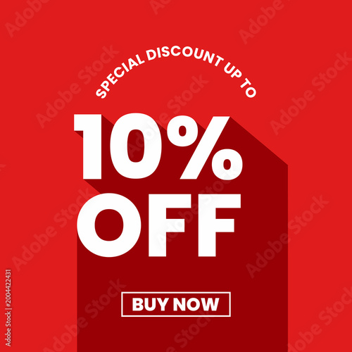 Ten percent discount banner advertising retail offer price reduction on red background with long shadow