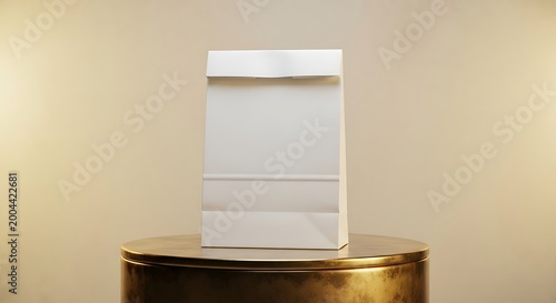 Premium White Paper Bag Mockup on Gold Pedestal for Brand Identity, Blank Packaging Template for Luxury Retail, Food Delivery, or Gift Presentation with Soft Warm Lighting