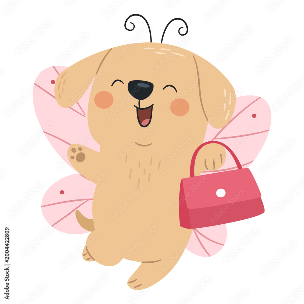 Fototapeta premium A cute puppy with butterfly wings and a pink handbag is running happily. A flat vector illustration in a simple, child-friendly style . Vector illustration