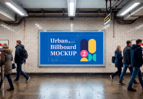 Subway billboard mockup with people walking station
