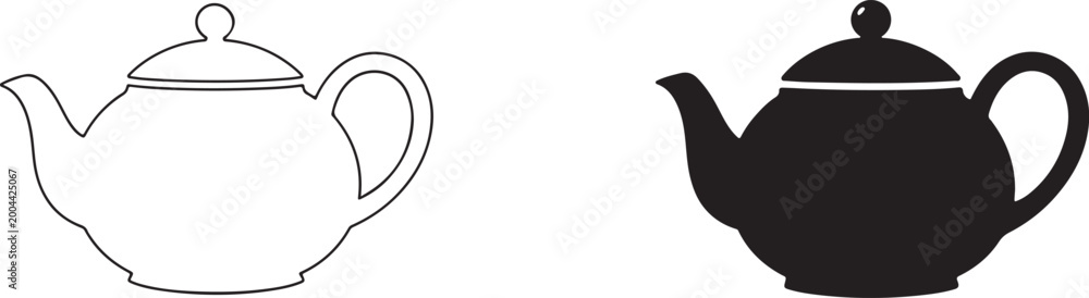 Obraz premium Teapot kitchen icon for tea brewing black silhouette and outline.
