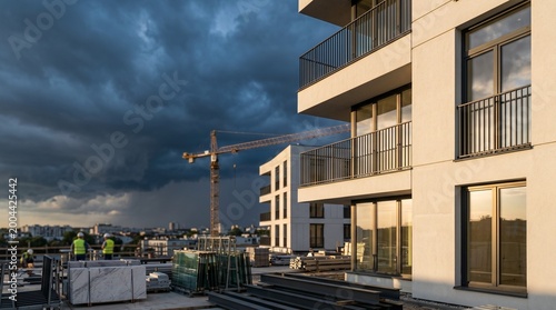 Modern building facade under dramatic storm clouds at construction site