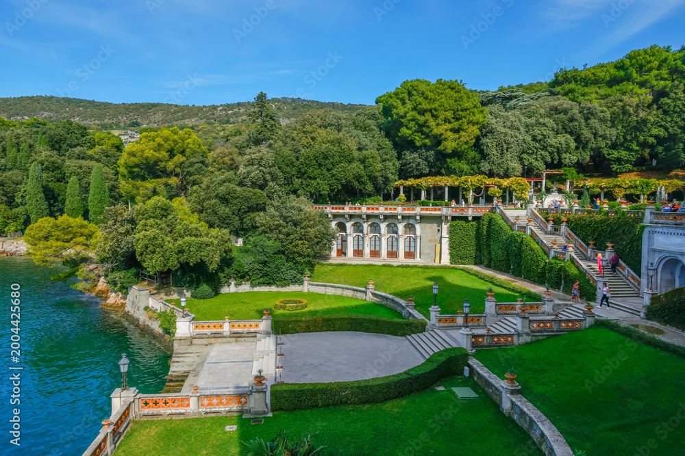 Fototapeta premium Scenic view of Miramare Castle and Adriatic Sea near Trieste Italy. View of Miramare Castle Trieste, Italy, Europe