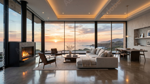 Luxury modern beach house living room interior with panoramic ocean view at sunset, minimalist design villa, premium beachfront real estate and lifestyle concept